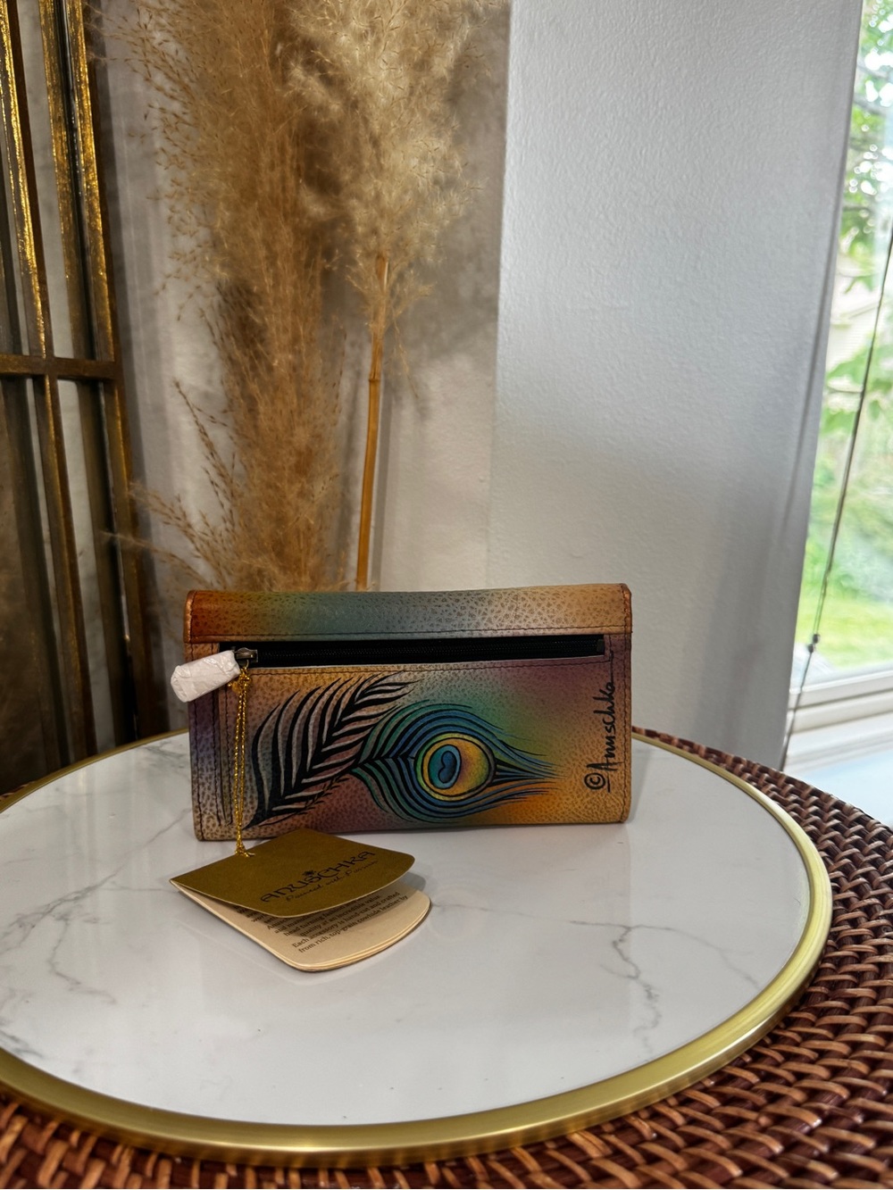 Anuschka Hand-Painted Peacock & Floral Card Holder - Teal, Blue, Green, Orange - Picture 4 of 10